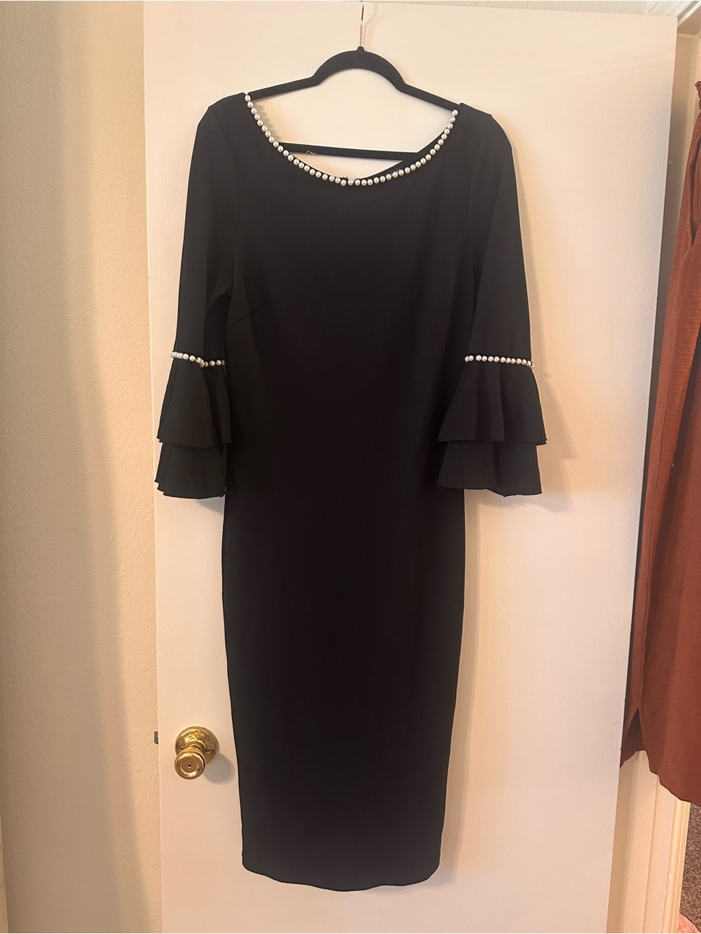 VENUS Black Pearl-Trim Midi Dress with Tiered Bell Sleeves